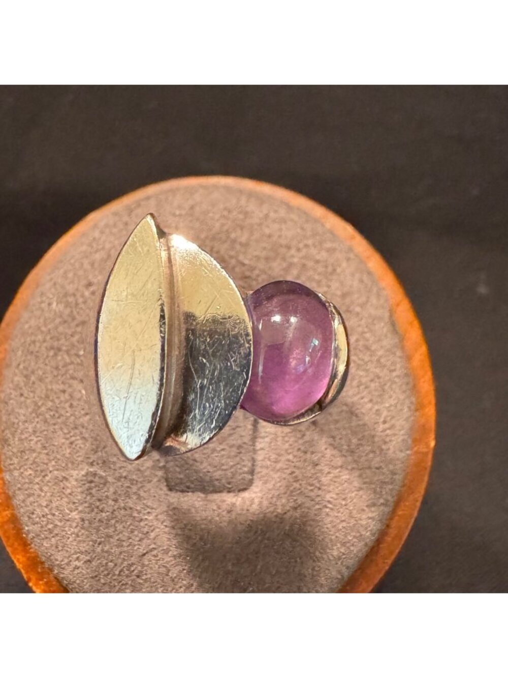 Sterling Silver 925 Amethyst Cabochon Modernist Statement Ring Size 6.75